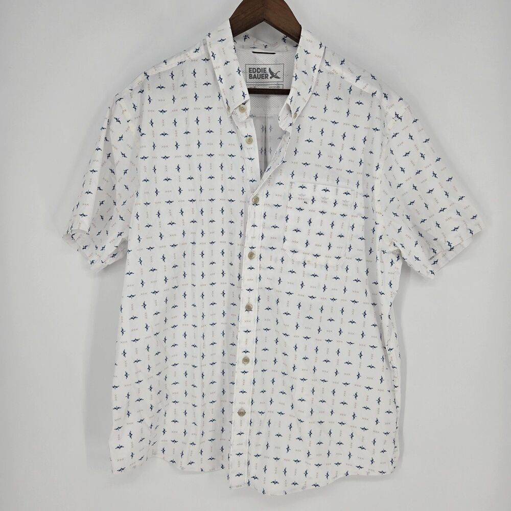 Mens Eddie Bauer Voyager Flex Bird Print Button Front Short Sleeve Shirt XL